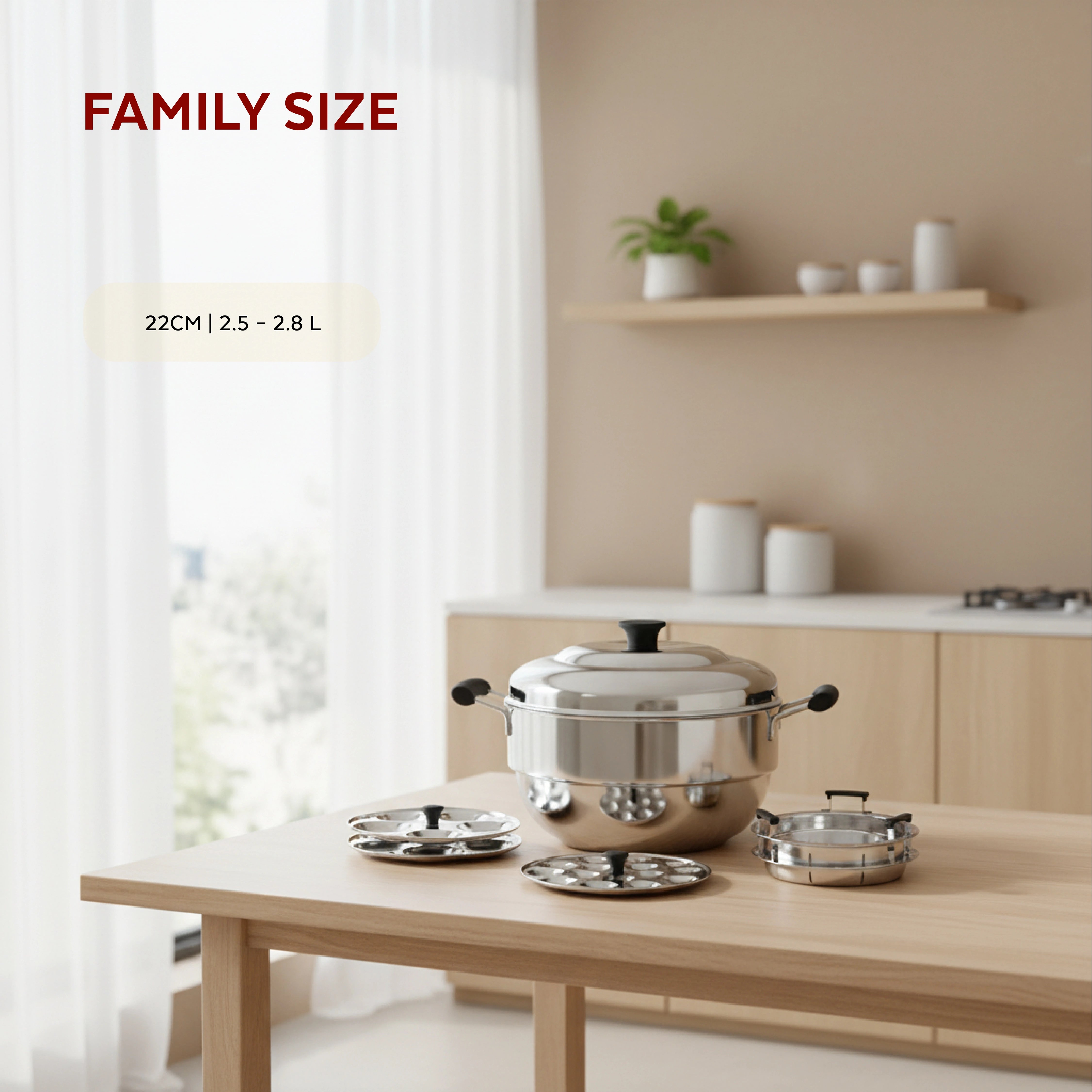 MAHAA Stainless Steel Multi Kadai 22CM – Versatile Kadai with Steam Release Lid | Steam Idlis, Mini Idlis, Dhokla, Idiyappams, Momos and Vegetables | Tri Ply Base | StayCool+ Handle & Lid Knob