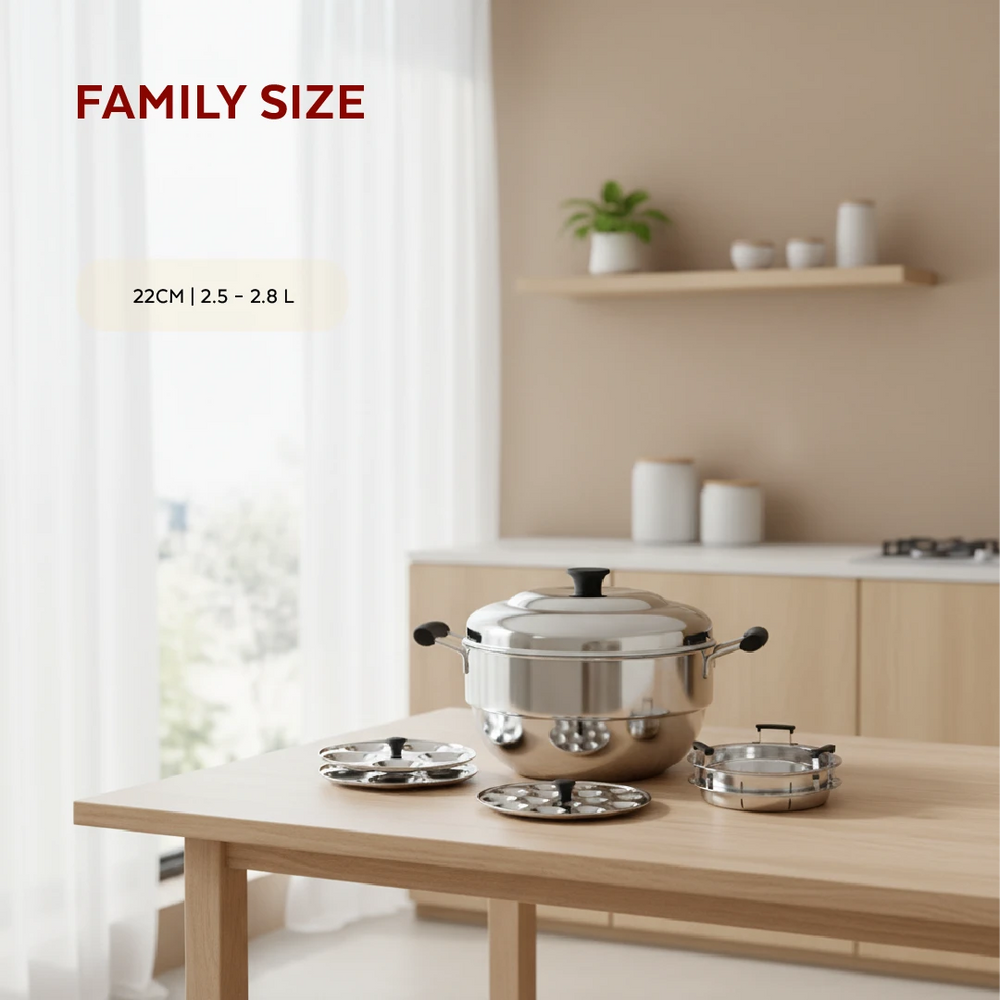Stainless Steel Multi Kadai 22CM, Versatile Kadai with Steam Release Lid, Steam Idlis, Mini Idlis, Dhokla, Idiyappams, Momos and Vegetables, Tri Ply Base, StayCool+ Handle & Lid Knob