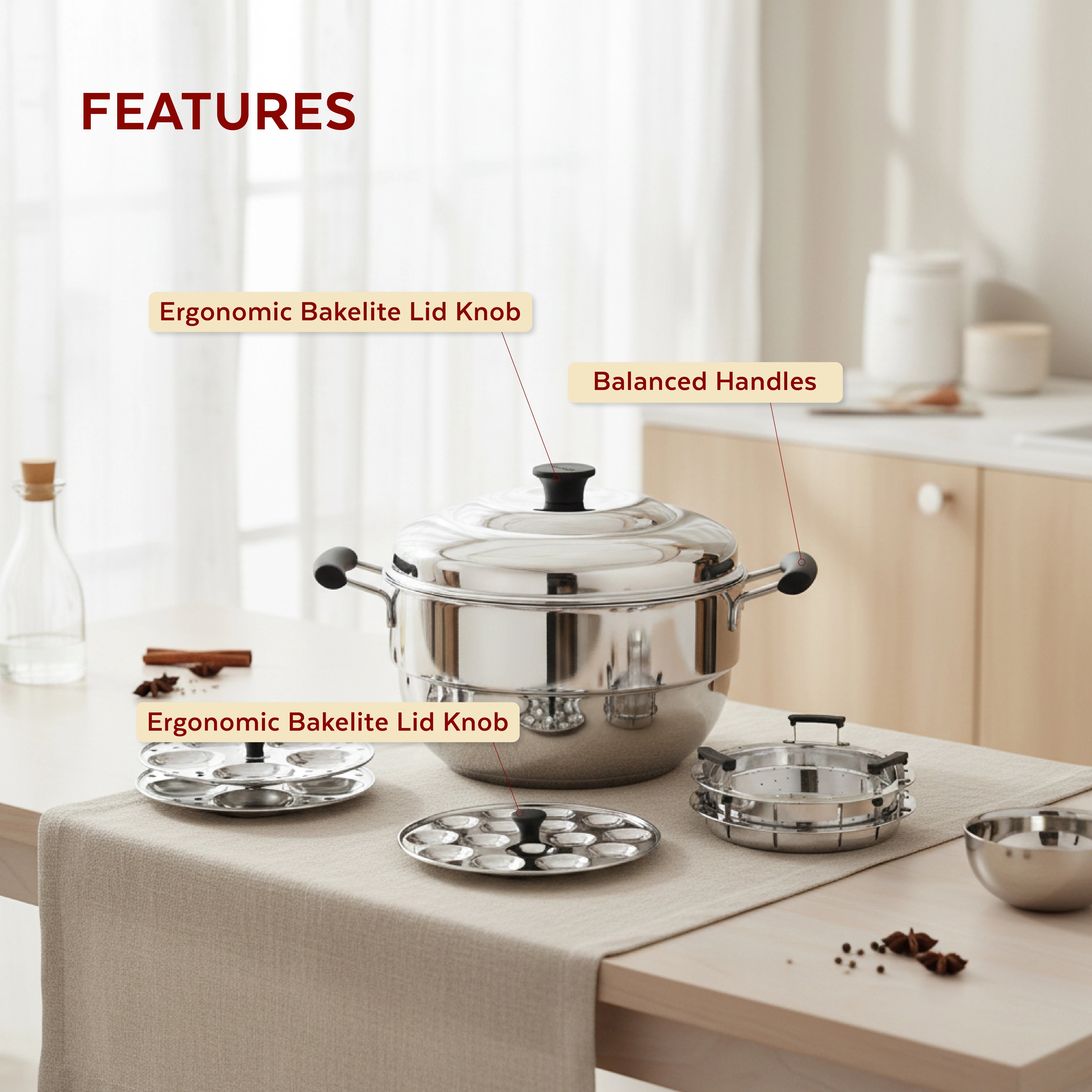 MAHAA Stainless Steel Multi Kadai 22CM – Versatile Kadai with Steam Release Lid | Steam Idlis, Mini Idlis, Dhokla, Idiyappams, Momos and Vegetables | Tri Ply Base | StayCool+ Handle & Lid Knob