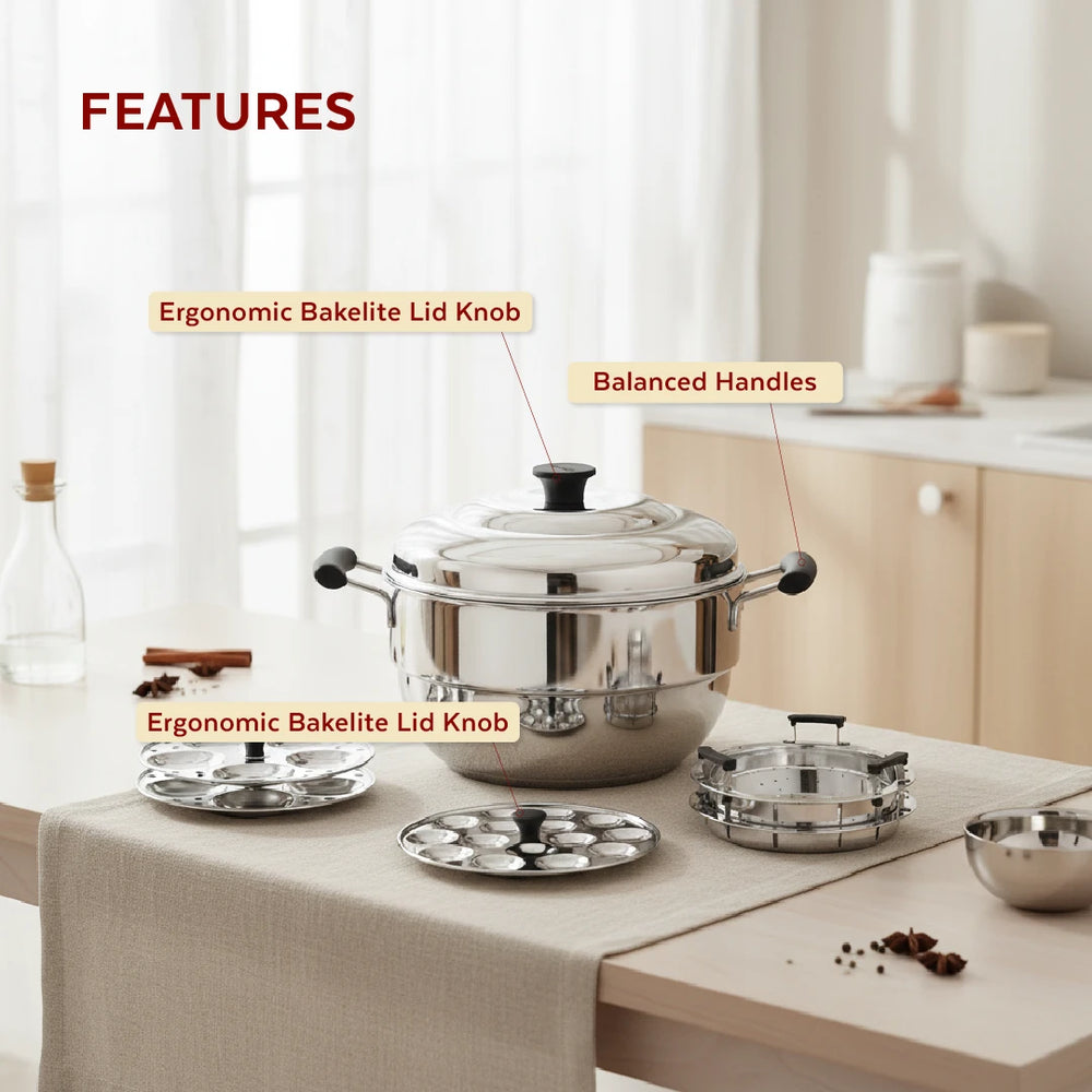 Stainless Steel Multi Kadai 22CM, Versatile Kadai with Steam Release Lid, Steam Idlis, Mini Idlis, Dhokla, Idiyappams, Momos and Vegetables, Tri Ply Base, StayCool+ Handle & Lid Knob