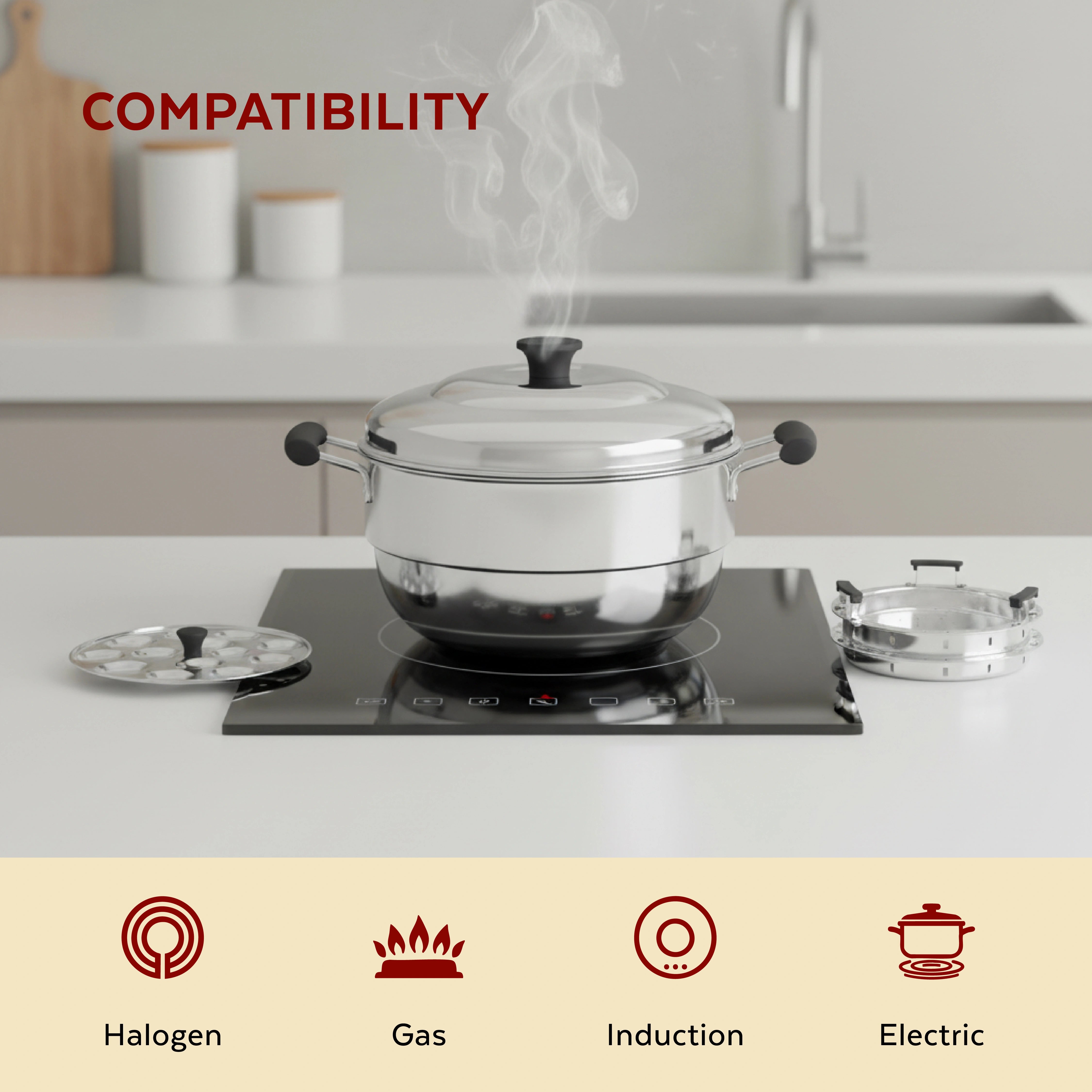 MAHAA Stainless Steel Multi Kadai 22CM – Versatile Kadai with Steam Release Lid | Steam Idlis, Mini Idlis, Dhokla, Idiyappams, Momos and Vegetables | Tri Ply Base | StayCool+ Handle & Lid Knob