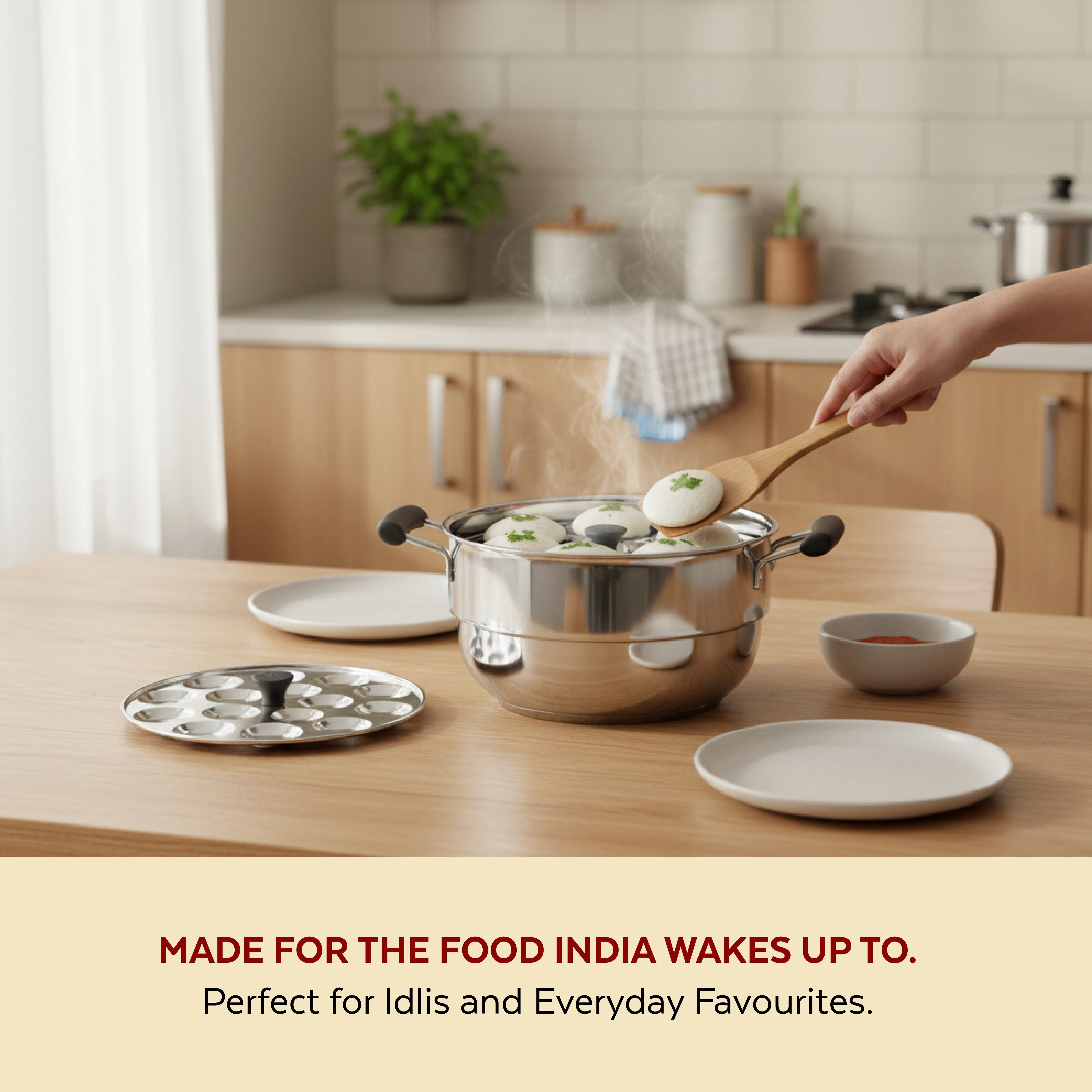 MAHAA Stainless Steel Multi Kadai 22CM – Versatile Kadai with Steam Release Lid | Steam Idlis, Mini Idlis, Dhokla, Idiyappams, Momos and Vegetables | Tri Ply Base | StayCool+ Handle & Lid Knob