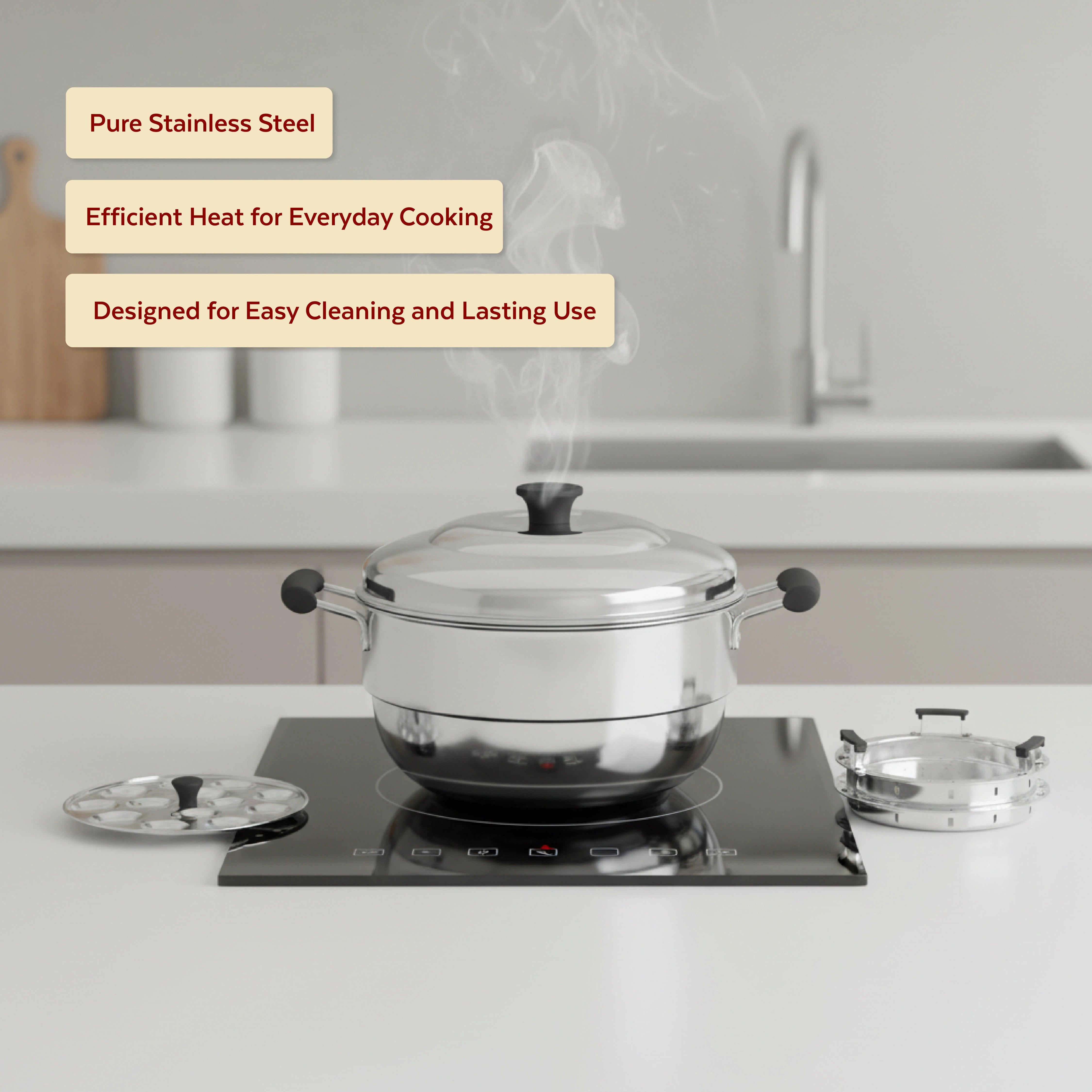 MAHAA Stainless Steel Multi Kadai 22CM – Versatile Kadai with Steam Release Lid | Steam Idlis, Mini Idlis, Dhokla, Idiyappams, Momos and Vegetables | Tri Ply Base | StayCool+ Handle & Lid Knob