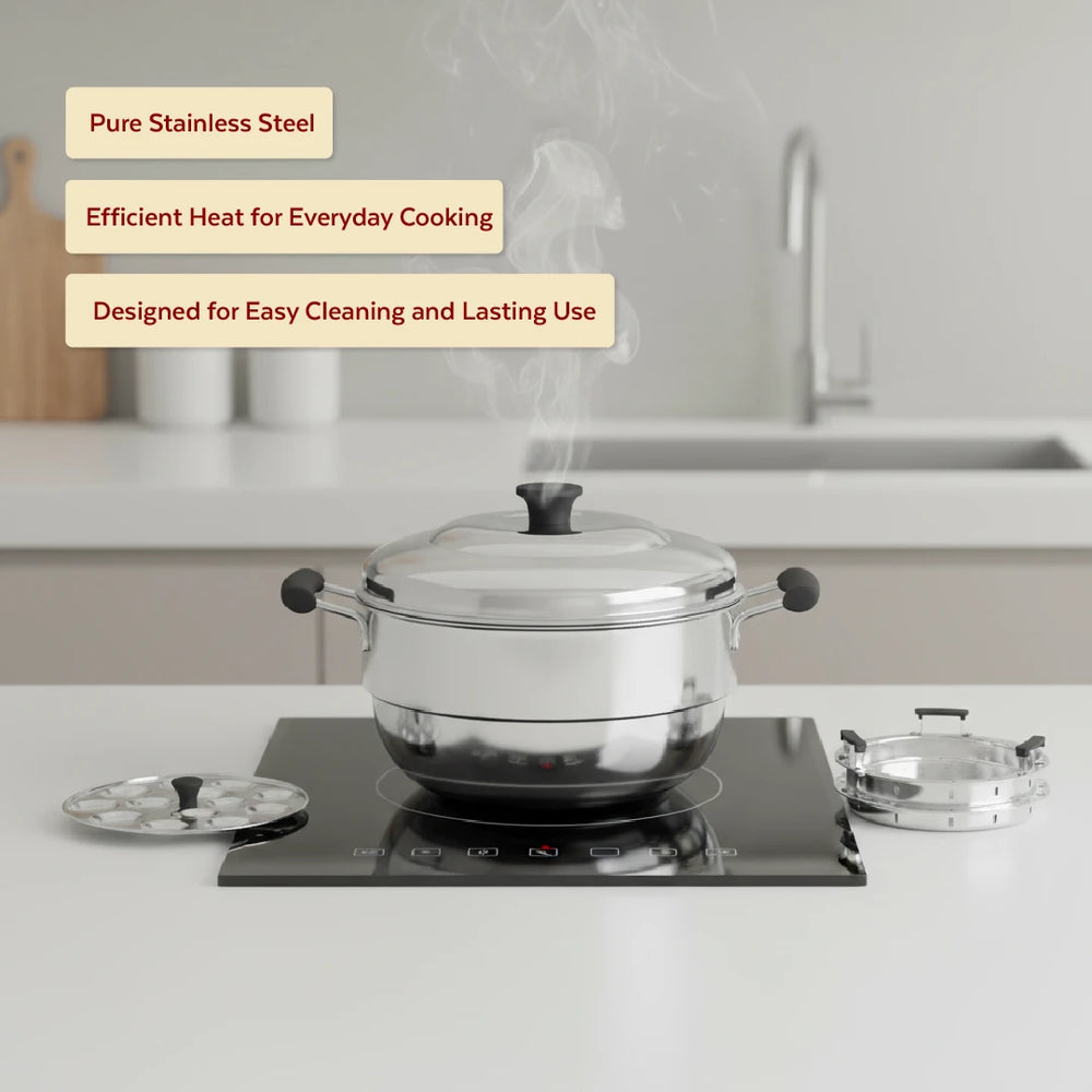 Stainless Steel Multi Kadai 22CM, Versatile Kadai with Steam Release Lid, Steam Idlis, Mini Idlis, Dhokla, Idiyappams, Momos and Vegetables, Tri Ply Base, StayCool+ Handle & Lid Knob