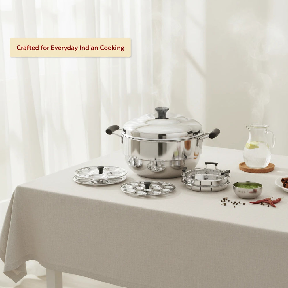 Stainless Steel Multi Kadai 22CM, Versatile Kadai with Steam Release Lid, Steam Idlis, Mini Idlis, Dhokla, Idiyappams, Momos and Vegetables, Tri Ply Base, StayCool+ Handle & Lid Knob
