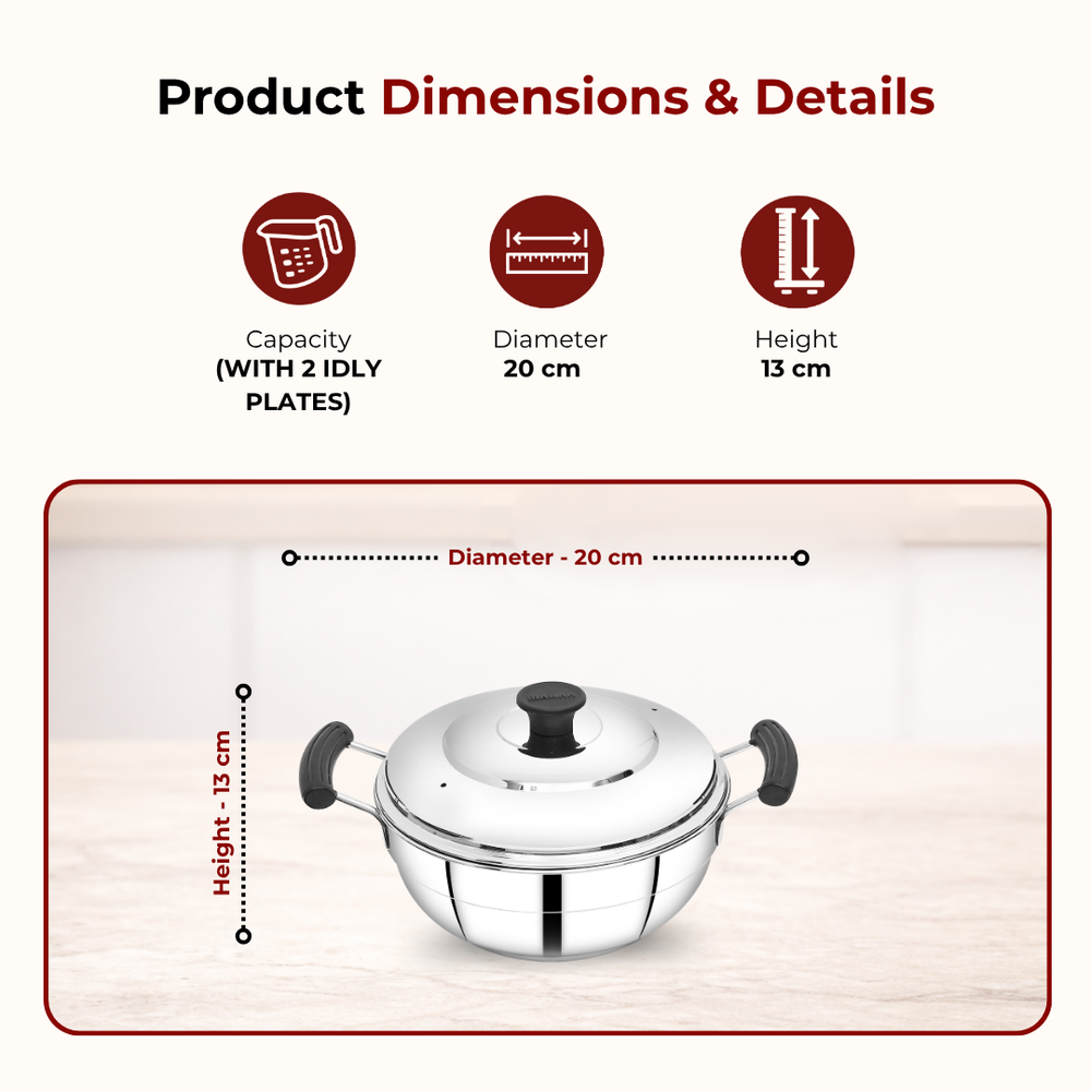 Stainless Steel Multi Kadai 20CM, Versatile Kadai with Steam Release Lid, Steam Idlies, Idiyappams, Momos and Vegetables, Tri Ply Base, StayCool+ Handle & Lid Knob