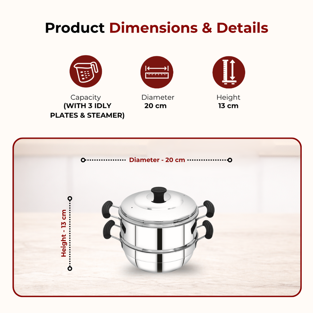 3-in-1 Stainless Steel Multi Kadai Steamer 20CM, 3 Idly Plates (12 Idlis), Tri Ply Bottom, Gas & Induction Friendly, StayCool+ Handles & Lid Knob