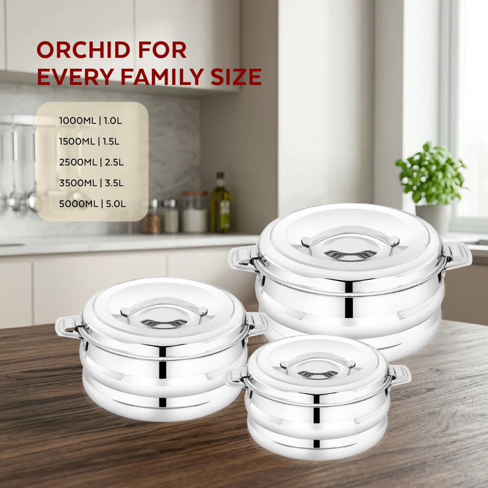Orchid Stainless Steel Insulated Casserole – Snug-Fit Lock, Rust-Free & Stylish Hot Pot, Hot Pot for Roti-Rice-Gravy-Curry, Retains Temperature, Twist Lock, Free ₹300 SS Water Bottle