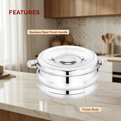Orchid Stainless Steel Insulated Casserole – Snug-Fit Lock, Rust-Free & Stylish Hot Pot, Hot Pot for Roti-Rice-Gravy-Curry, Retains Temperature, Twist Lock, Free ₹300 SS Water Bottle