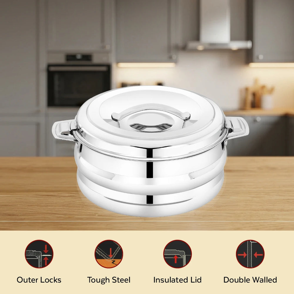 Orchid Stainless Steel Insulated Casserole – Snug-Fit Lock, Rust-Free & Stylish Hot Pot, Hot Pot for Roti-Rice-Gravy-Curry, Retains Temperature, Twist Lock, Free ₹300 SS Water Bottle