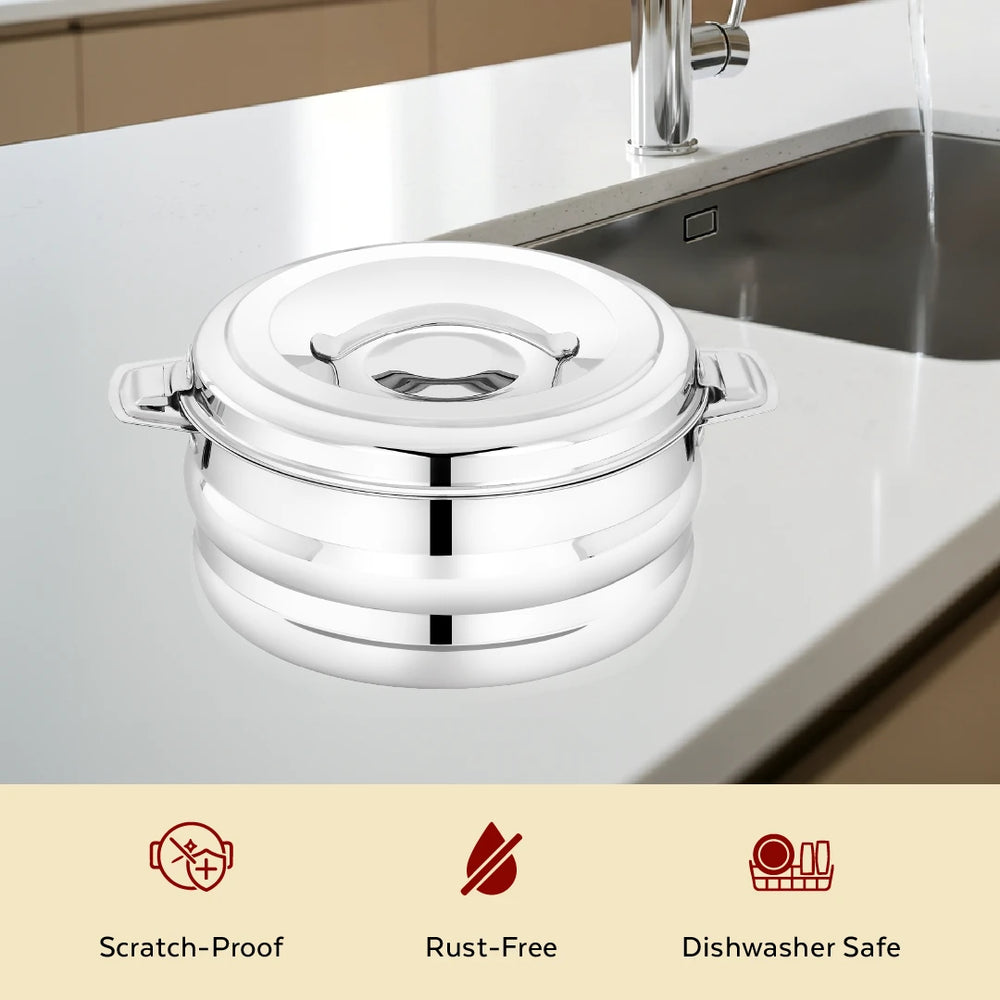 Orchid Stainless Steel Insulated Casserole – Snug-Fit Lock, Rust-Free & Stylish Hot Pot, Hot Pot for Roti-Rice-Gravy-Curry, Retains Temperature, Twist Lock, Free ₹300 SS Water Bottle