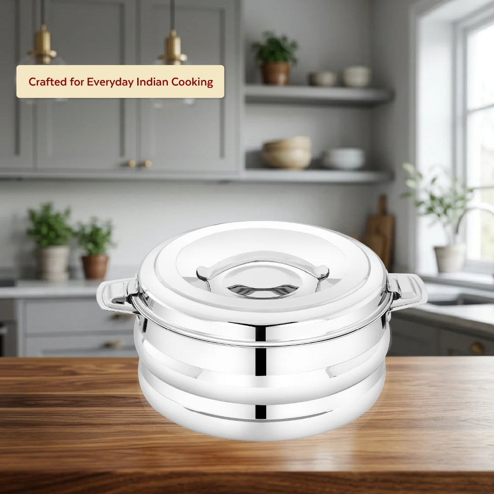 Orchid Stainless Steel Insulated Casserole – Snug-Fit Lock, Rust-Free & Stylish Hot Pot, Hot Pot for Roti-Rice-Gravy-Curry, Retains Temperature, Twist Lock, Free ₹300 SS Water Bottle