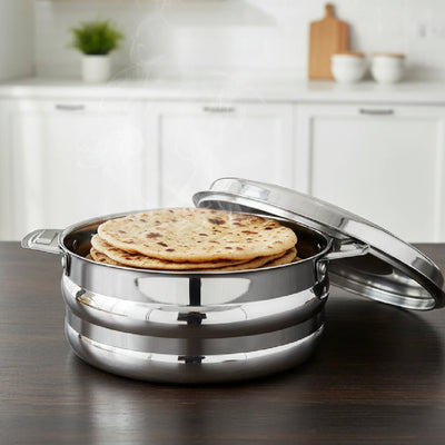 Orchid Stainless Steel Insulated Casserole – Snug-Fit Lock, Rust-Free & Stylish Hot Pot, Hot Pot for Roti-Rice-Gravy-Curry, Retains Temperature, Twist Lock, Free ₹300 SS Water Bottle