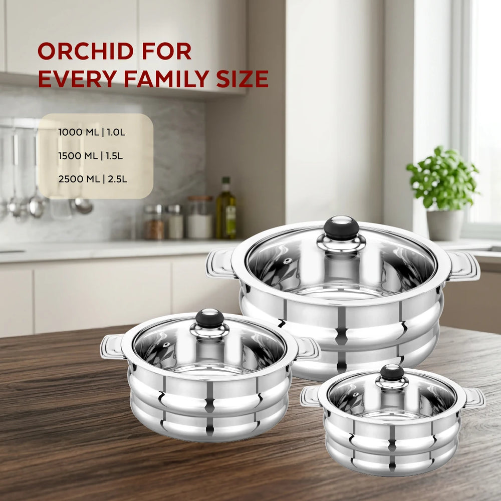 Orchid Stainless Steel Insulated Casserole with See-Through Glass Lid – Snug-Fit Lock, Rust-Free & Stylish Hot Pot, Hot Pot for Roti-Rice-Gravy-Curry, Retains Temperature, Twist Lock