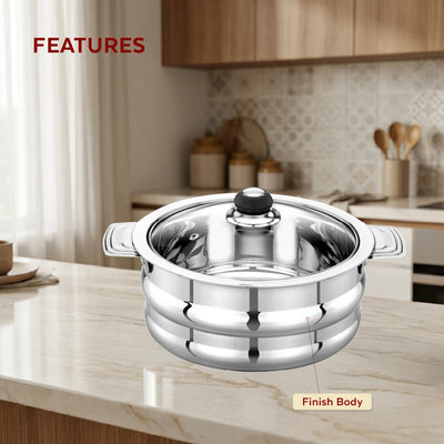 Orchid Stainless Steel Insulated Casserole with See-Through Glass Lid – Snug-Fit Lock, Rust-Free & Stylish Hot Pot, Hot Pot for Roti-Rice-Gravy-Curry, Retains Temperature, Twist Lock