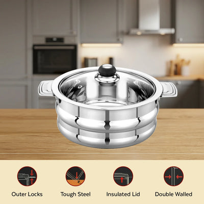 Orchid Stainless Steel Insulated Casserole with See-Through Glass Lid – Snug-Fit Lock, Rust-Free & Stylish Hot Pot, Hot Pot for Roti-Rice-Gravy-Curry, Retains Temperature, Twist Lock