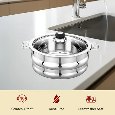 Orchid Stainless Steel Insulated Casserole with See-Through Glass Lid – Snug-Fit Lock, Rust-Free & Stylish Hot Pot, Hot Pot for Roti-Rice-Gravy-Curry, Retains Temperature, Twist Lock