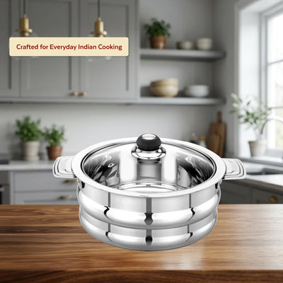 Orchid Stainless Steel Insulated Casserole with See-Through Glass Lid – Snug-Fit Lock, Rust-Free & Stylish Hot Pot, Hot Pot for Roti-Rice-Gravy-Curry, Retains Temperature, Twist Lock
