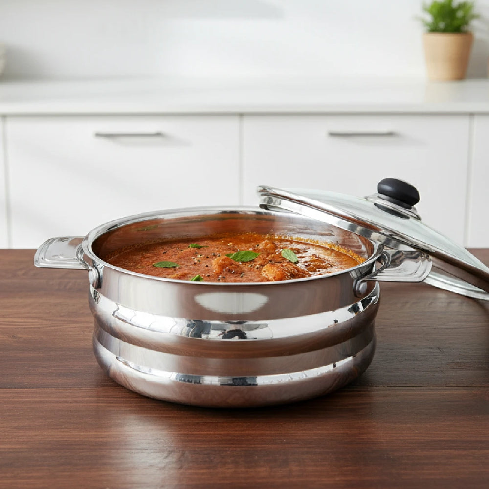 Orchid Stainless Steel Insulated Casserole with See-Through Glass Lid – Snug-Fit Lock, Rust-Free & Stylish Hot Pot, Hot Pot for Roti-Rice-Gravy-Curry, Retains Temperature, Twist Lock