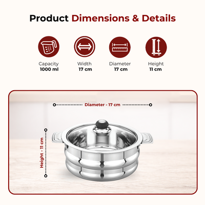 Orchid Stainless Steel Insulated Casserole with See-Through Glass Lid – Snug-Fit Lock, Rust-Free & Stylish Hot Pot, Hot Pot for Roti-Rice-Gravy-Curry, Retains Temperature, Twist Lock