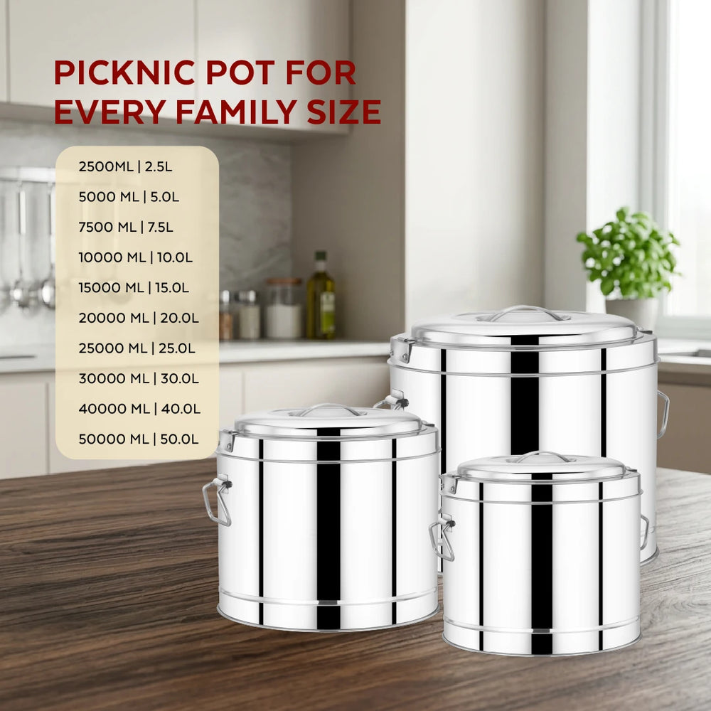 Stainless Steel Picnic Pot with Snug-Fit Lid & Handles – Rust-Free, Durable & Scratch Resistant, Double Walled, PU Insulated, Strong Locking System, Ideal for Travel, Durable Design, Keeps Food Hot/Cold for Hours