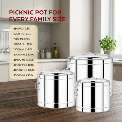 Stainless Steel Picnic Pot with Snug-Fit Lid & Handles – Rust-Free, Durable & Scratch Resistant, Double Walled, PU Insulated, Strong Locking System, Ideal for Travel, Durable Design, Keeps Food Hot/Cold for Hours