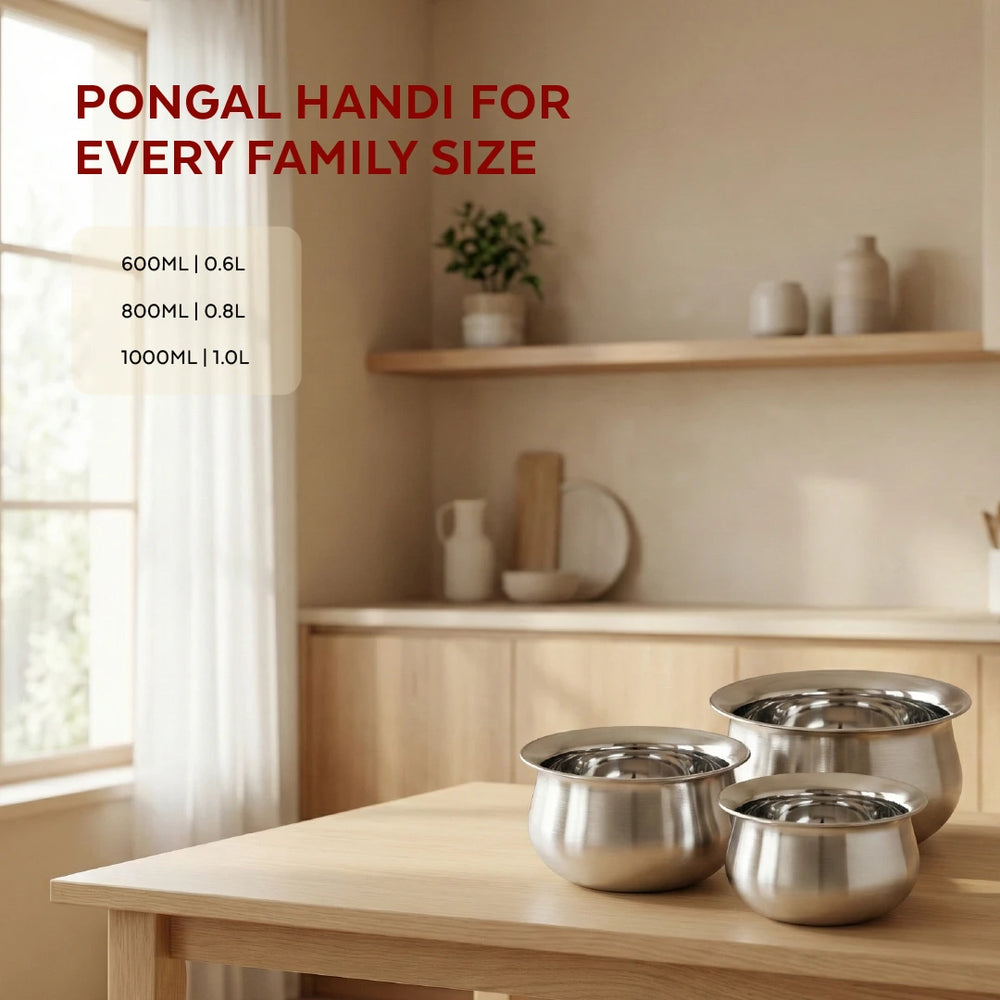 Stainless Steel Pongal Handi Set of 6 Pcs: Kitchen Serving, Cooking Bowl, Handi Set, Biryani Handi for Kitchen & Restaurant, Cookware Set