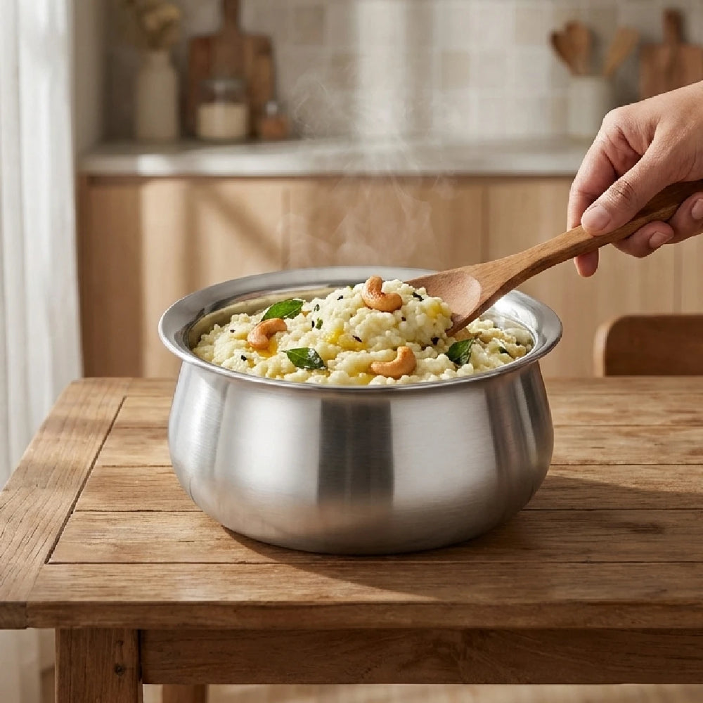 Stainless Steel Pongal Handi Set of 6 Pcs: Kitchen Serving, Cooking Bowl, Handi Set, Biryani Handi for Kitchen & Restaurant, Cookware Set