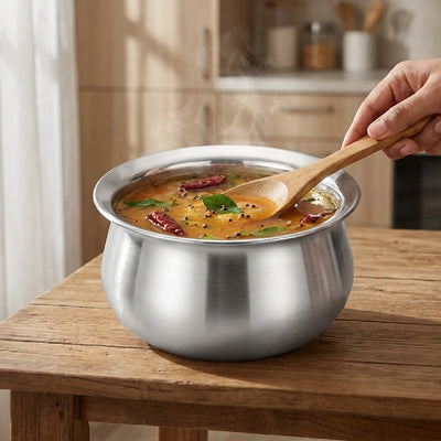 Stainless Steel Pongal Handi Set of 6 Pcs: Kitchen Serving, Cooking Bowl, Handi Set, Biryani Handi for Kitchen & Restaurant, Cookware Set