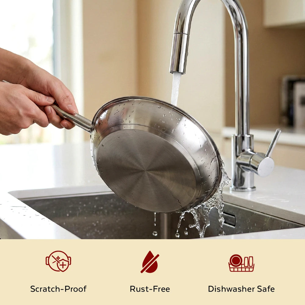 Stainless Steel Professional Fry Pan, Scratch-Resistant Body, Heavy-Duty Stainless Steel, Tri Ply Base, Gas &  Induction Compatible, Cool-Touch Handle, 20/24/26/28/30/32 cm