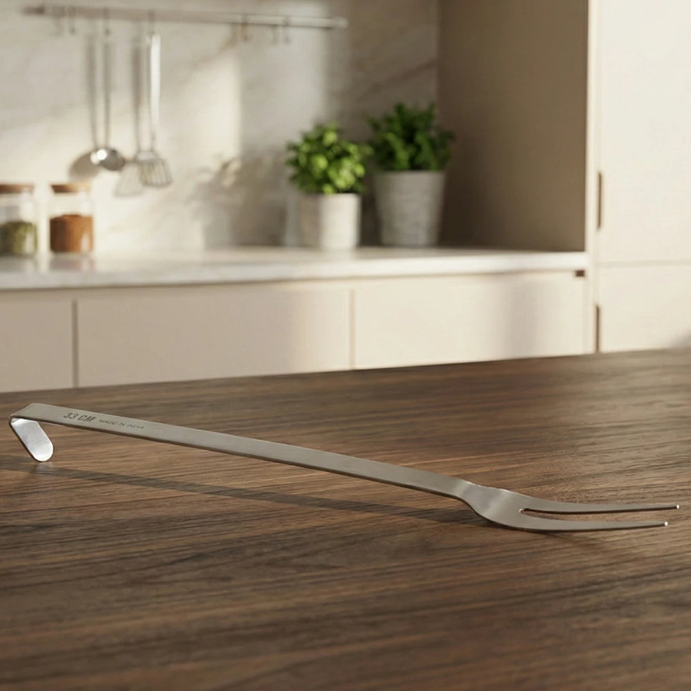 Stainless Steel Basting Fork, Two-Tine Fork, Matt Finish, Hanging Hook, Ideal for Meat, Tandoori, Barbeque, 32/38/53 CM