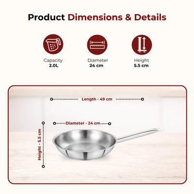 Stainless Steel Professional Fry Pan, Scratch-Resistant Body, Heavy-Duty Stainless Steel, Tri Ply Base, Gas &  Induction Compatible, Cool-Touch Handle, 20/24/26/28/30/32 cm