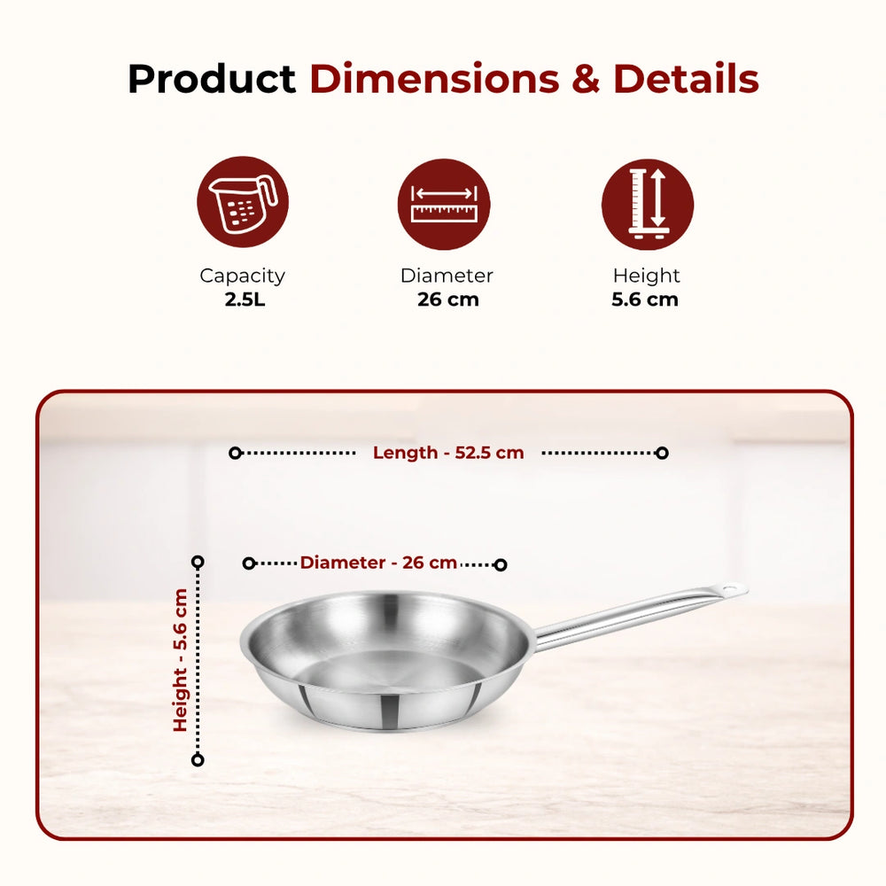 Stainless Steel Professional Fry Pan, Scratch-Resistant Body, Heavy-Duty Stainless Steel, Tri Ply Base, Gas &  Induction Compatible, Cool-Touch Handle, 20/24/26/28/30/32 cm