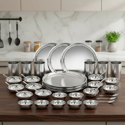 Ragga Stainless Steel Heavy Gauge Dinner Set: Rust-Free, Mirror Finish, Silver, Durable, Dishwasher Safe, Ideal Gifting Dinner Set for Anniversary, Wedding, Housewarming