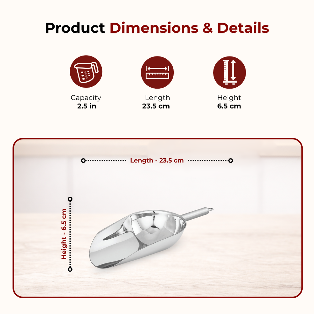 Stainless Steel Scoop: Multipurpose Shovel Design, Rust-Free, Durable, Ideal for Rice, Flour, Pulses, Grains, Hotel & Home Use