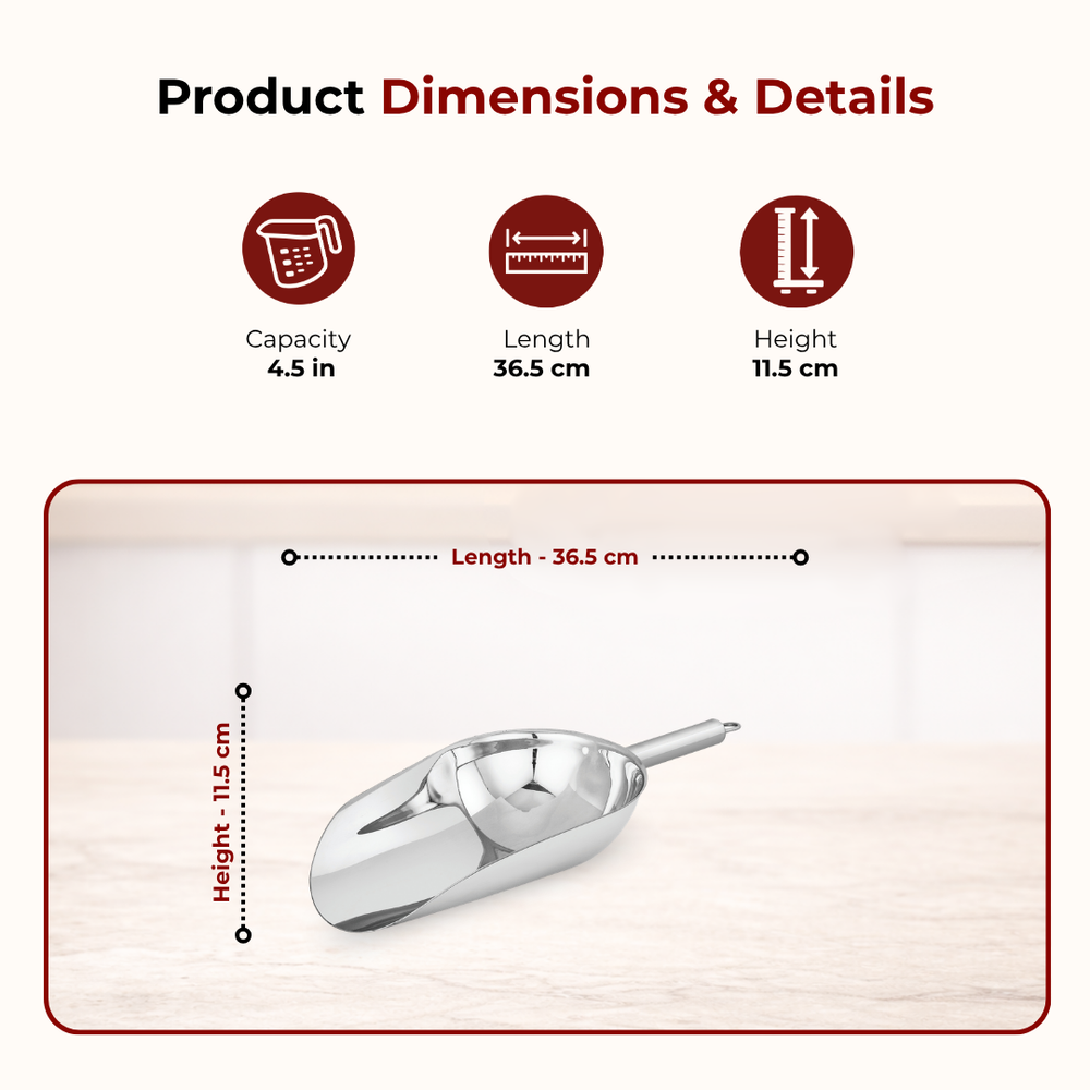 Stainless Steel Scoop: Multipurpose Shovel Design, Rust-Free, Durable, Ideal for Rice, Flour, Pulses, Grains, Hotel & Home Use