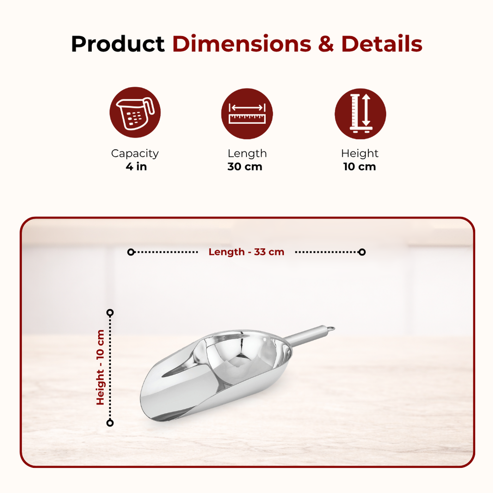 Stainless Steel Scoop: Multipurpose Shovel Design, Rust-Free, Durable, Ideal for Rice, Flour, Pulses, Grains, Hotel & Home Use