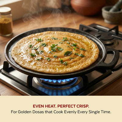 Cast Iron Dosa Tawa Single Handle 28 cm, Pre-Seasoned Traditional Pure Iron Cookware, Even Heating, Gas & Induction Compatible