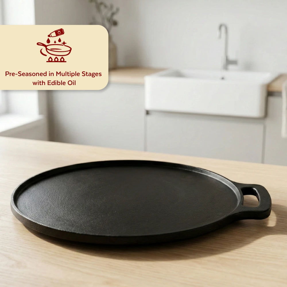 Cast Iron Dosa Tawa Single Handle 28 cm, Pre-Seasoned Traditional Pure Iron Cookware, Even Heating, Gas & Induction Compatible