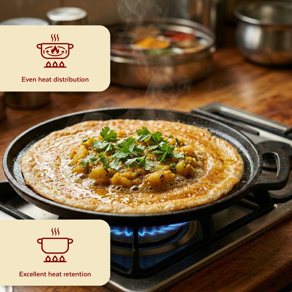 Cast Iron Dosa Tawa Single Handle 28 cm, Pre-Seasoned Traditional Pure Iron Cookware, Even Heating, Gas & Induction Compatible
