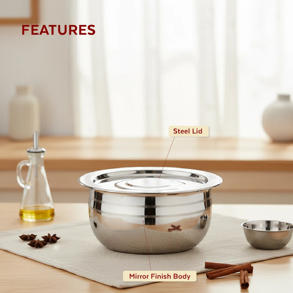 Smart Handi set with lid 2 pcs (1.5L & 2L) Stainless Steel Mirror Finish Serving Bowls, Food Grade Steel Curry & Rice Handi, Durable Kitchen Storage & Serving Utensils
