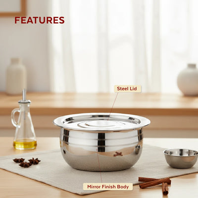 Smart Handi set with lid 2 pcs (1.5L & 2L) Stainless Steel Mirror Finish Serving Bowls, Food Grade Steel Curry & Rice Handi, Durable Kitchen Storage & Serving Utensils