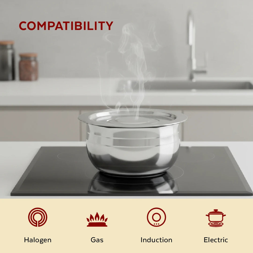 Smart Handi set with lid 2 pcs (1.5L & 2L) Stainless Steel Mirror Finish Serving Bowls, Food Grade Steel Curry & Rice Handi, Durable Kitchen Storage & Serving Utensils