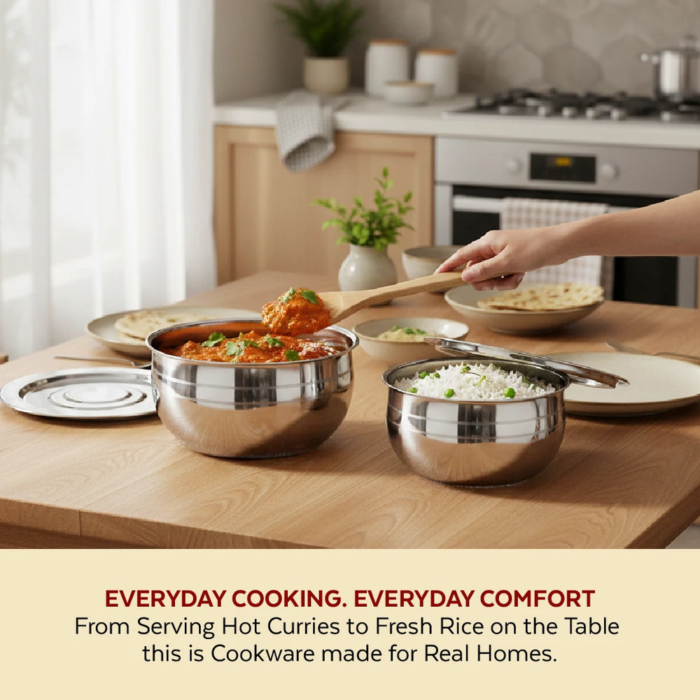 Smart Handi set with lid 2 pcs (1.5L & 2L) Stainless Steel Mirror Finish Serving Bowls, Food Grade Steel Curry & Rice Handi, Durable Kitchen Storage & Serving Utensils
