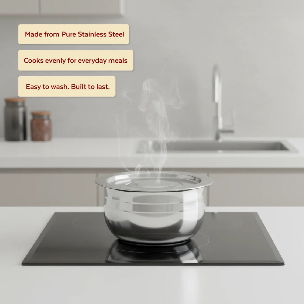 Smart Handi set with lid 2 pcs (1.5L & 2L) Stainless Steel Mirror Finish Serving Bowls, Food Grade Steel Curry & Rice Handi, Durable Kitchen Storage & Serving Utensils
