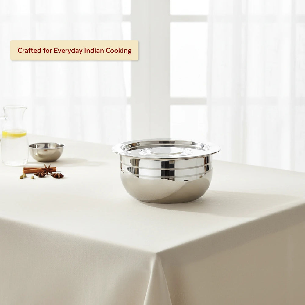 Smart Handi set with lid 2 pcs (1.5L & 2L) Stainless Steel Mirror Finish Serving Bowls, Food Grade Steel Curry & Rice Handi, Durable Kitchen Storage & Serving Utensils