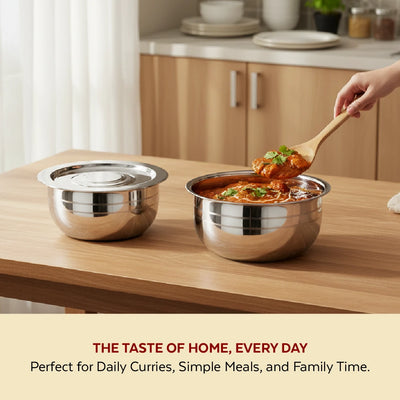 Smart Handi set with lid 2 pcs (1.5L & 2L) Stainless Steel Mirror Finish Serving Bowls, Food Grade Steel Curry & Rice Handi, Durable Kitchen Storage & Serving Utensils