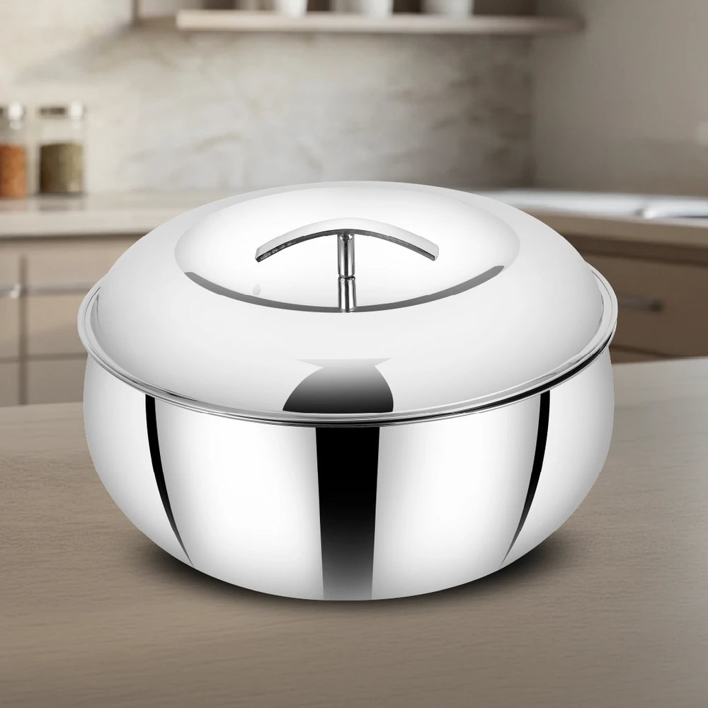 Curve Premium Double Wall Insulated Stainless Steel Casserole, Hot Pot for Roti-Rice-Gravy-Curry, Mirror Finish, Silver Hot Box with Snug Fit Lid Lid, Retains Temperature, Twist Lock