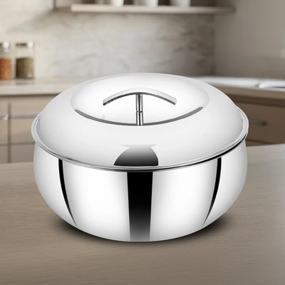 Curve Premium Double Wall Insulated Stainless Steel Casserole, Hot Pot for Roti-Rice-Gravy-Curry, Mirror Finish, Silver Hot Box with Snug Fit Lid Lid, Retains Temperature, Twist Lock
