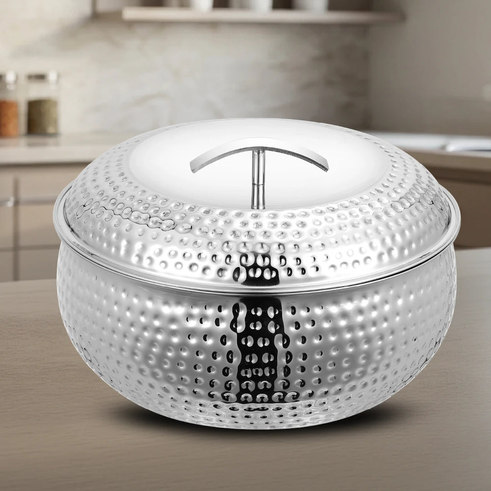 Curve Premium Double Wall Insulated Stainless Steel Casserole, Hot Pot for Roti-Rice-Gravy-Curry, Hammered Finish, Silver Hot Box with Snug Fit Lid Lid, Retains Temperature, Twist Lock